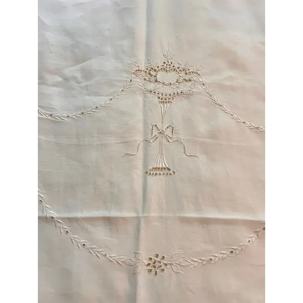 vintage cut thread work embroidery cotton white tablecloth or bed cover